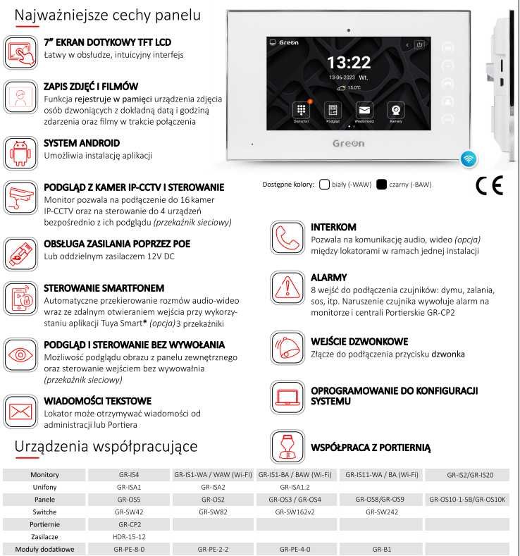 Wideodomofon - Panel wewnętrzny 7" GREON GR-IS1-WA