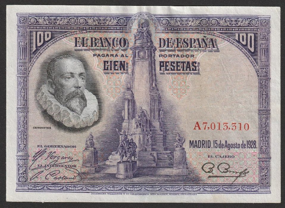 Hiszpania 100 peset 1928 - A7, - Miguel Cervantes