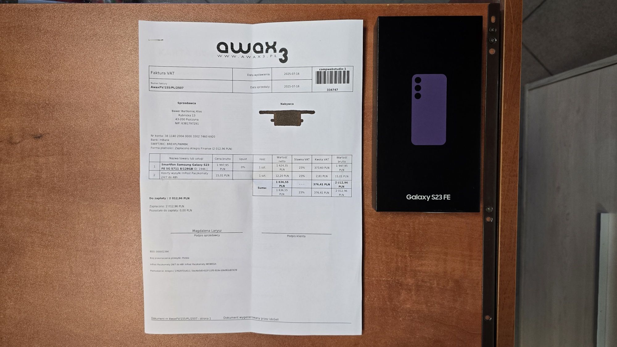 NOWY Samsung Galaxy S23 FE 5G Dual Sim 128GB/8GB RAM fioletowy, gwar.