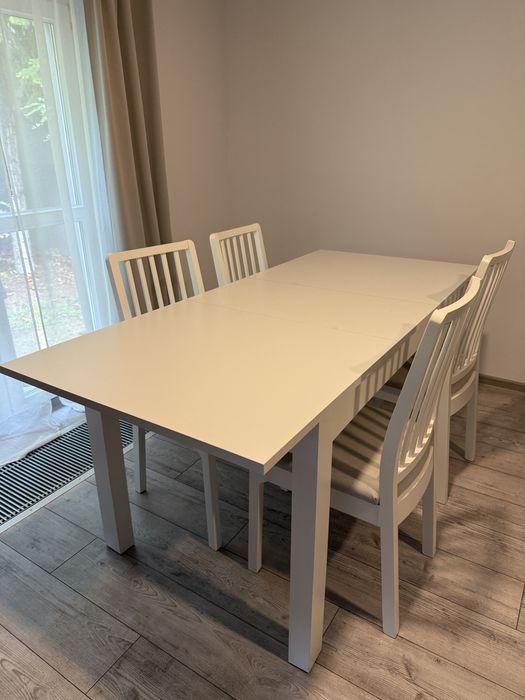 Stół i 4 krzesła | Obiadowy | Rozkładany | Biały | 140(180)x80