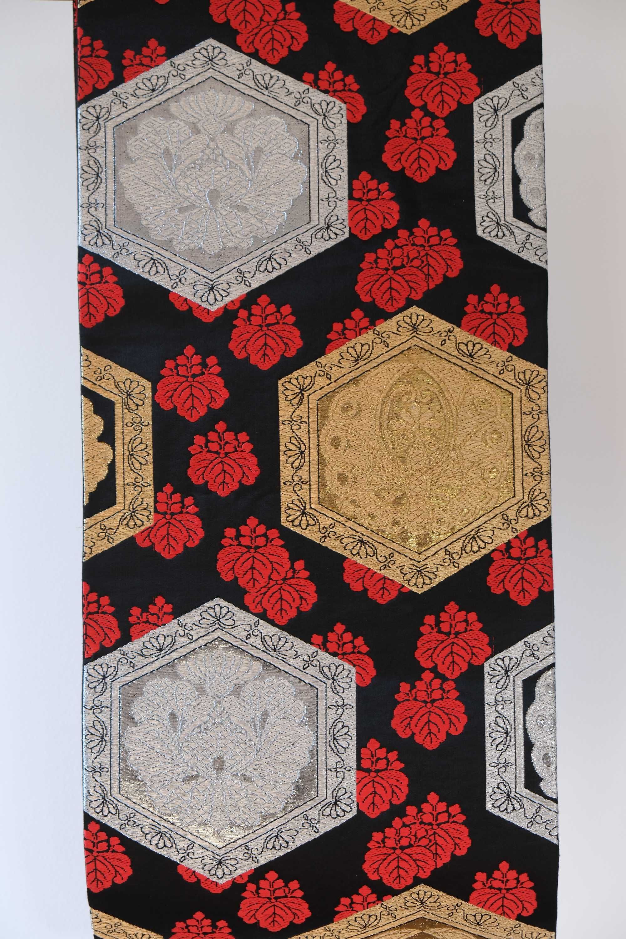 Czarny japoński pas fukuro obi do kimono paulownia czerwony złoty