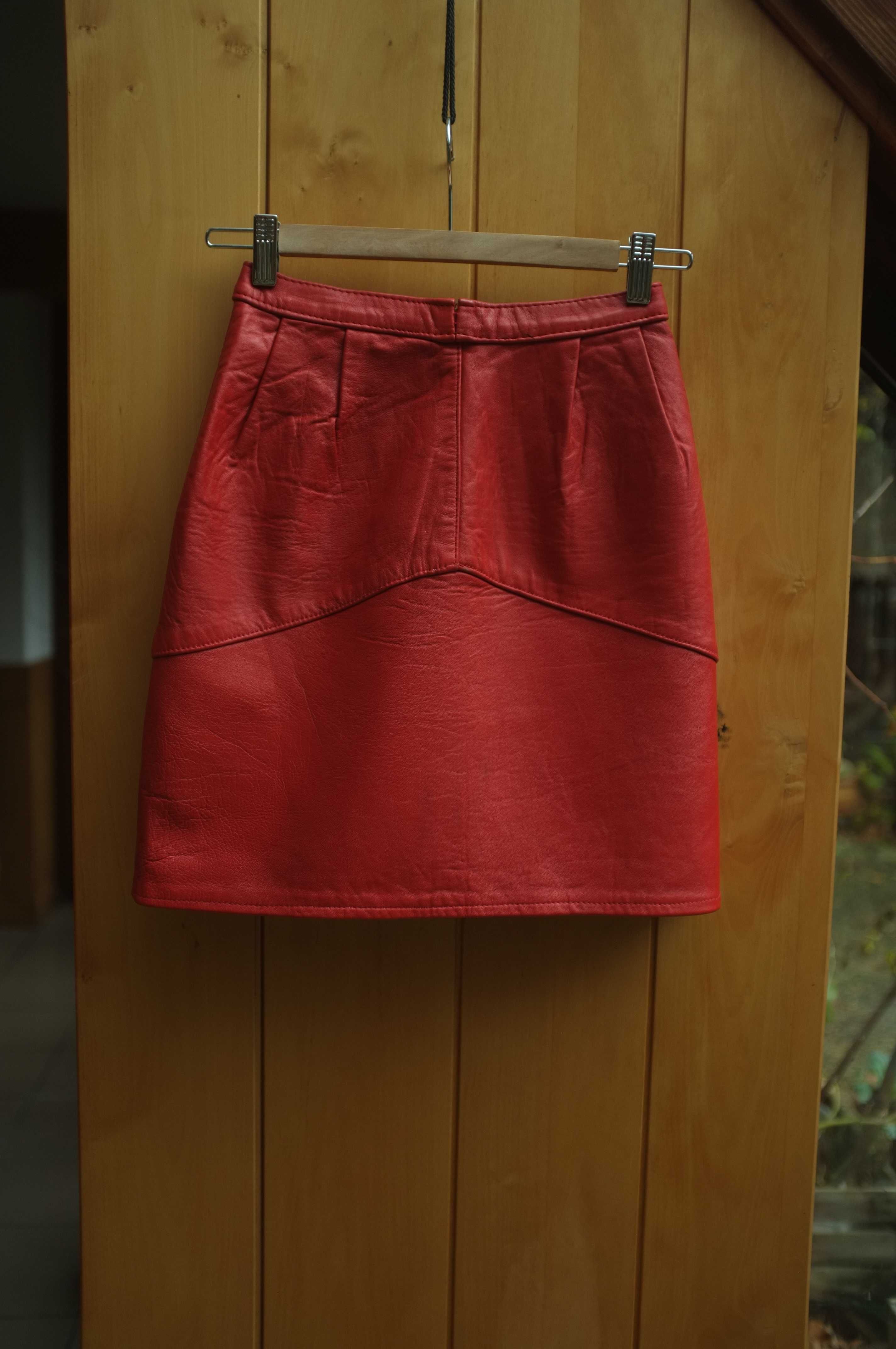 czerwona skórzana spódnica mini real vintage skóra naturalna 100% 80s