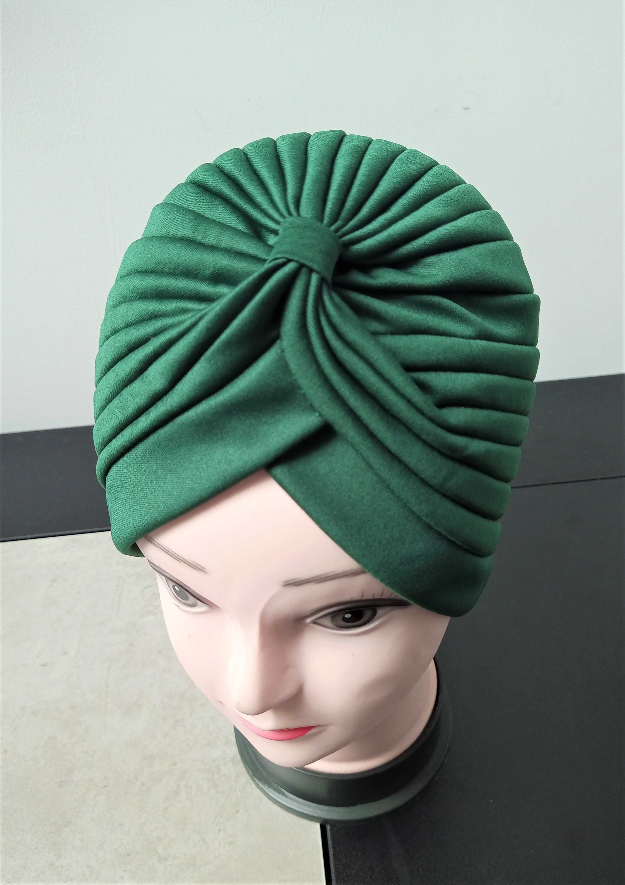 Czapka turban wiosenny damski butelkowa zieleń handmade rozmiar 52/54