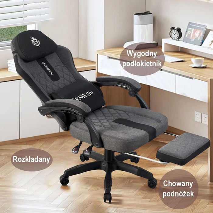 FOTEL GAMINGOWY HORSEKING Z podnóźkiem obrotowy do gry  szary czarny