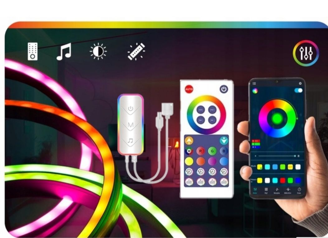TAŚMA LED 10M  NEON 5050 RGBIC BLUETOOTH aplikacja pilot tęcza cyfrowe