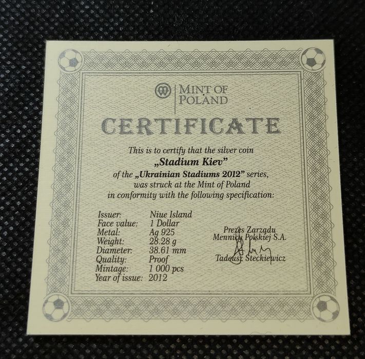 Серебряная монета стадион олимпийский Киев Евро 2012 1 доллар Ниуэ