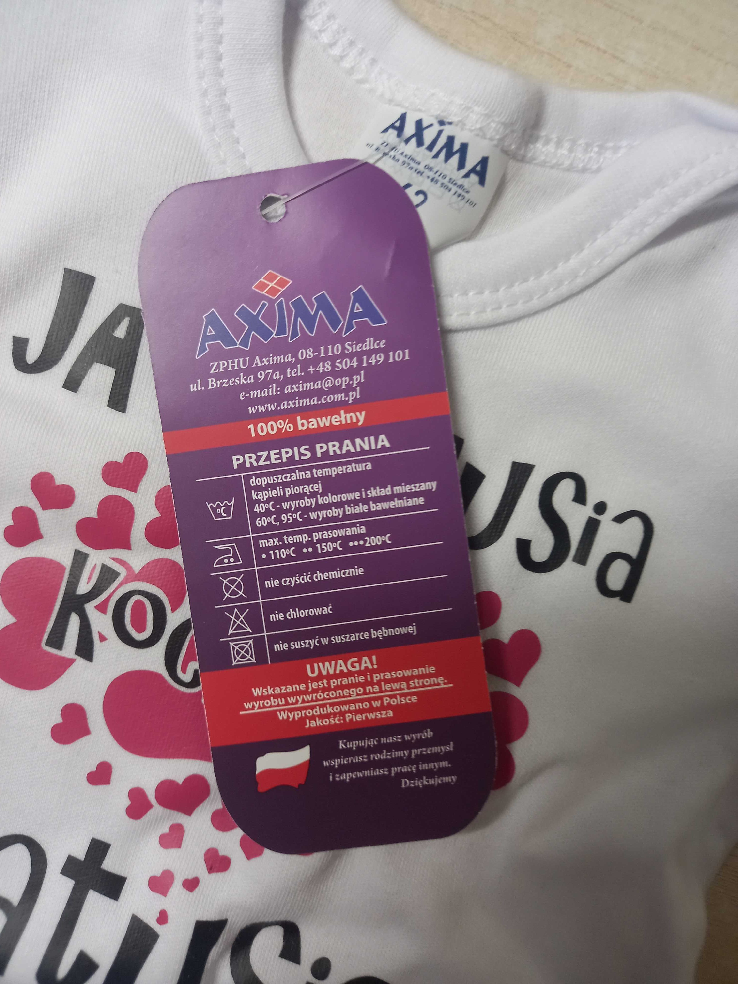 Body dziecięce Axima r.62 z napisem  "Ja i mamusia kochamy tatusia"