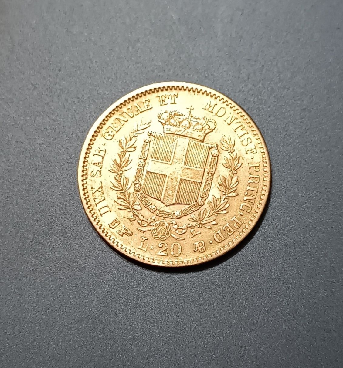20 лир 1851, Сардиния, золотая монeта, 900 проба, отличное состояние