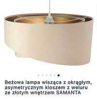 Beżowa lampa wisząca SAMANTA asymetryczny klosz z weluru ze złotym wne