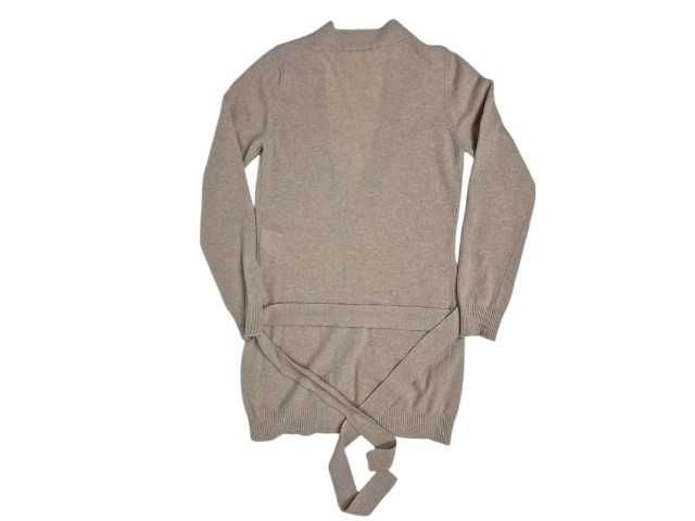 Kardigan Sisley beżowy S wełna długi zapinany z paskiem