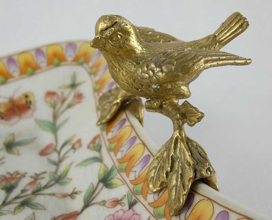 PATERA paterka porcelana + BRĄZ ptak kwiat kot
