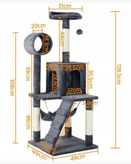 Drapak dla kota wysoki 130cm ciemny szary wieża z domkiem i hamakiem