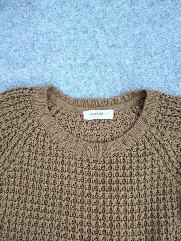Khaki sweter ażurowy z grubej włóczki dzianinowy okrągły dekolt