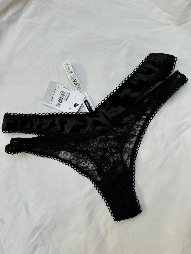 Nowe Tezenis stringi czarne L z koronką satyną na biodra