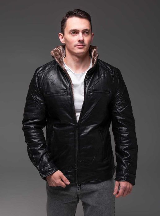 Зимова чоловіча шкіряна куртка на хутрі