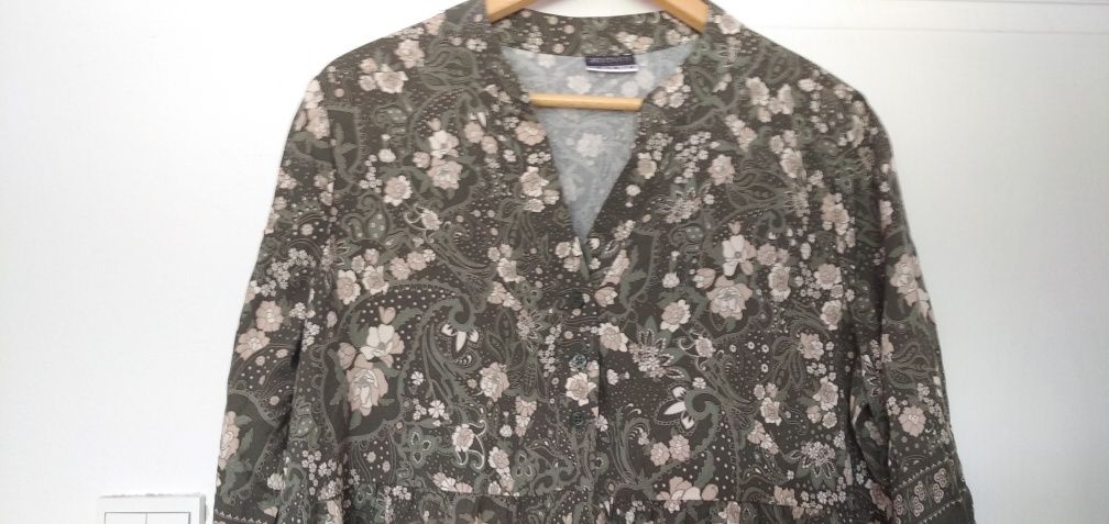 Sukienka trapezowa khaki kwiaty wiskoza ciążowa dekolt karo L XL 40 42
