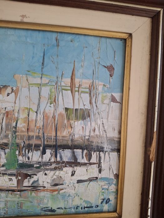 Linda pintura oleo sobre platex 1970 assinada barcos marinha