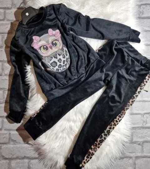Komplet dres welurowy dla dziewczynki czarny sowa 110/116