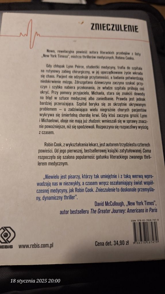 Książka pt. Znieczulenie.  Robin Cook. Polecam.