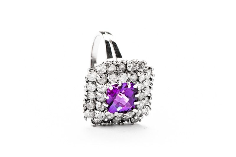 Złoty Pierścionek - 18K - 6,99g - AMETYST - DIAMENTY - KRAKÓW