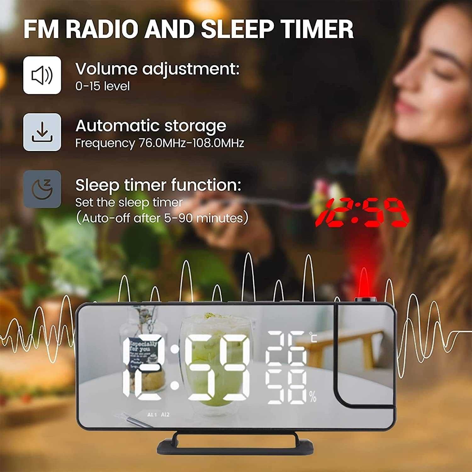 Cyfrowy zegar projekcyjny, radio FM, budzik, port USB – LED lustro