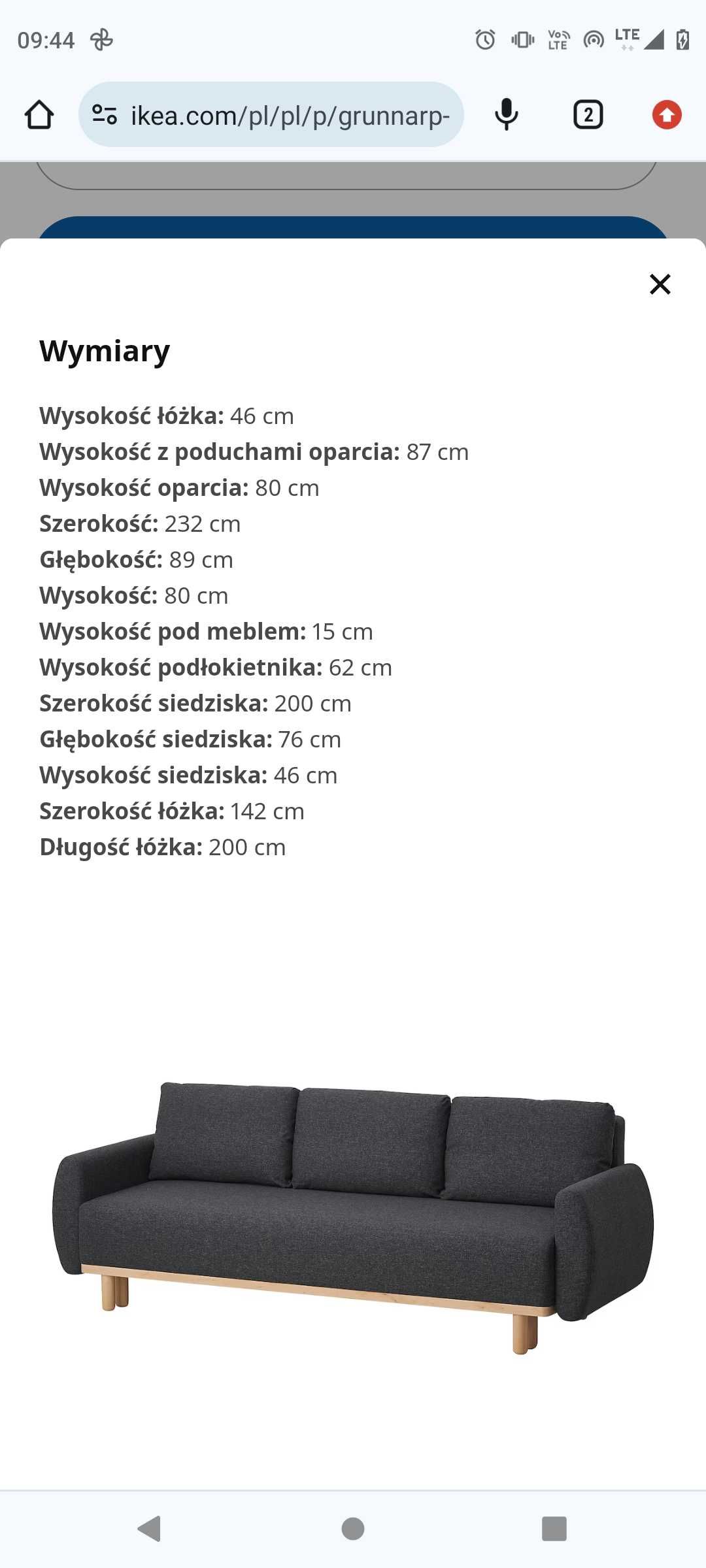 NOWA !!! IKEA GRUNNARP Rozkładana sofa 3-osobowa, Gunnared ciemnoszary