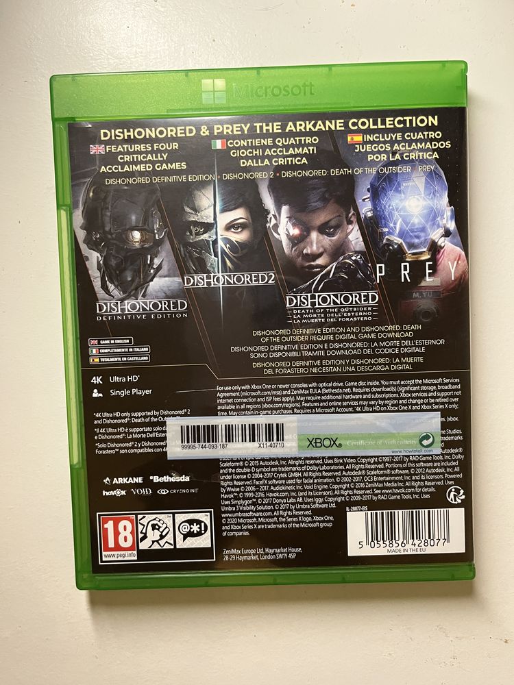 Dishonored & Pray The Arkane Collection Xbox one/ series X na plycie