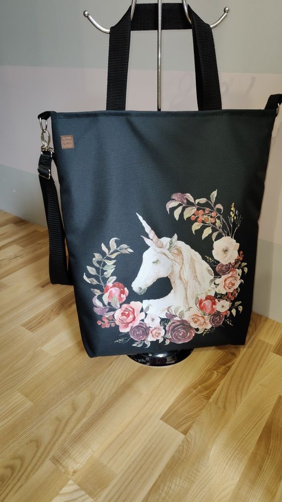 Torebka jednorożec i kwiaty torba z jednorożcem HandMade duża torba