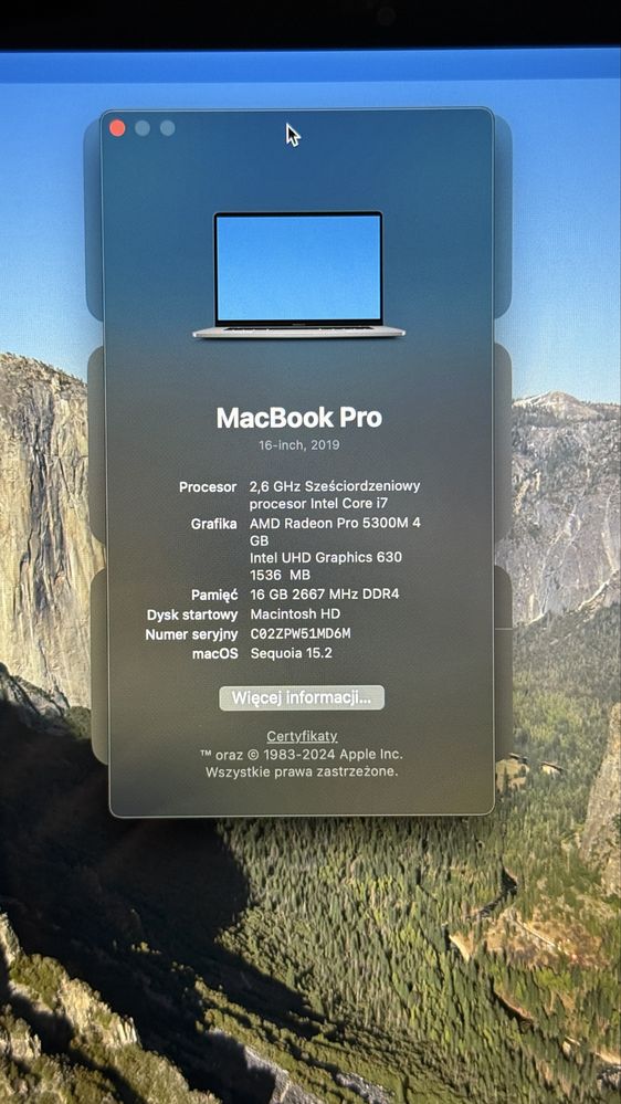 MacBook Pro 16-calowy 2019, 512GB, 16RAM, i7 AMD Radeon Pro 5300M