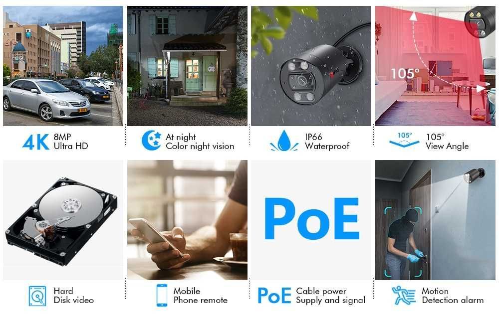 KIT Vigilância POE 8 Câmaras 8MP • IP67 Exterior • Visão Noturna