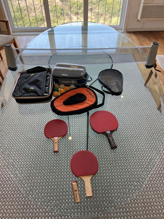 Coleção de ténis de mesa/pingpong (rede, 3 raquetes, 4 capas, 7 bolas)