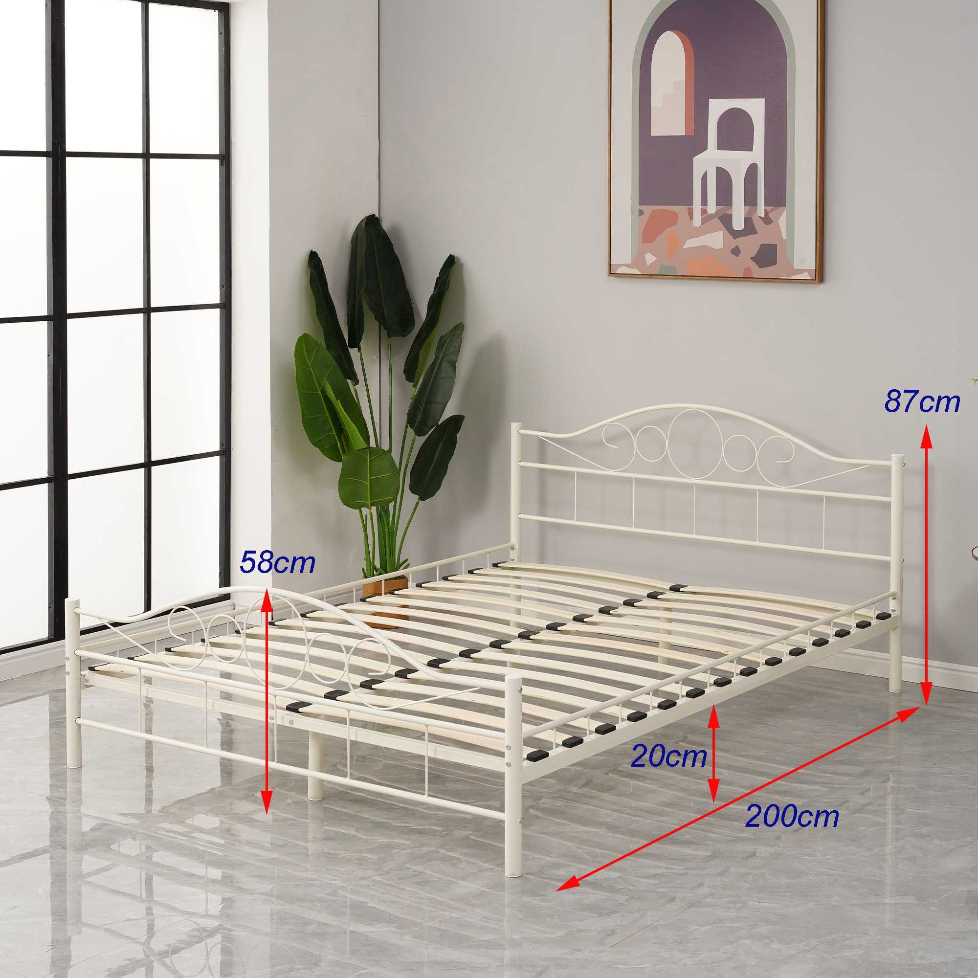 Łóżko metalowe 140x200 białe drewniany stelaż podwójne sypialnia