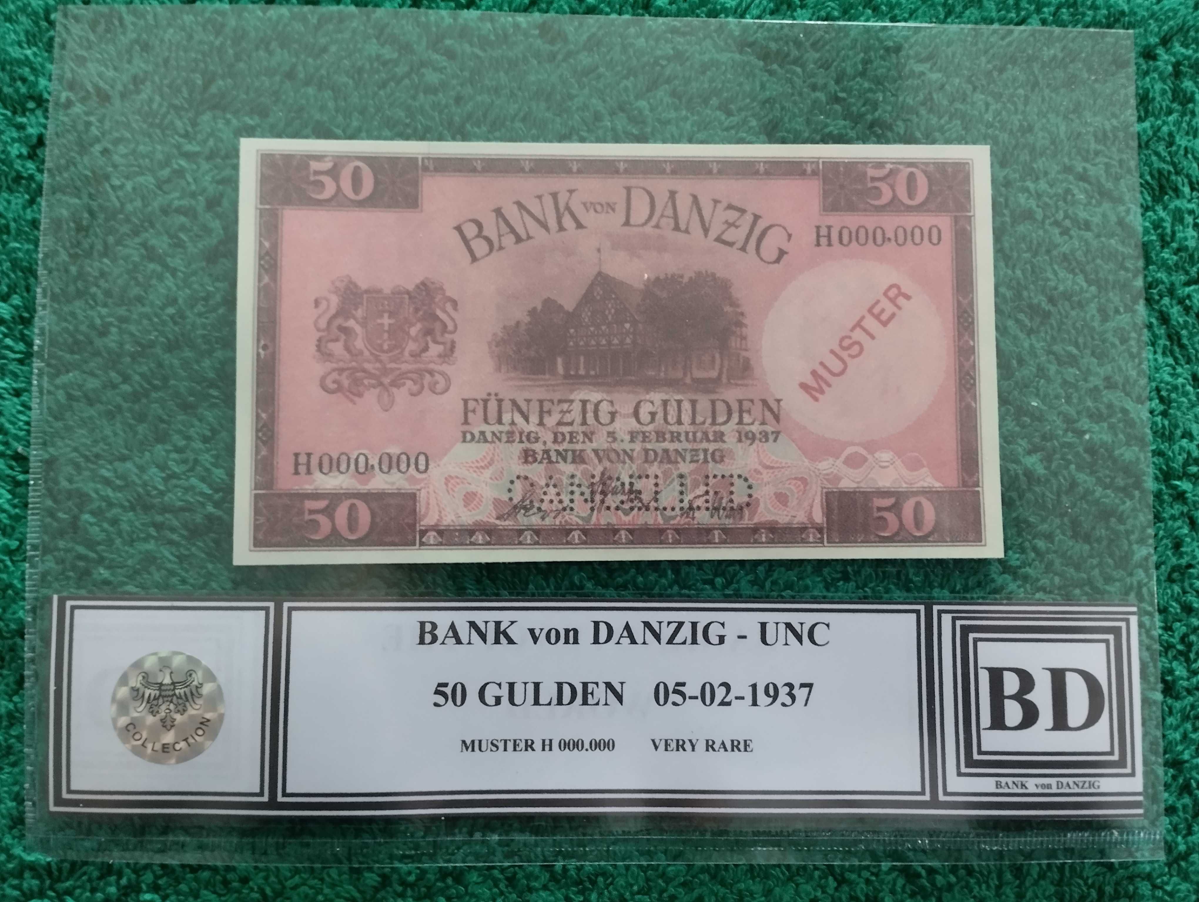 WOLNE MIASTO GDAŃSK 50 gulden 1937 UNC MUSTER seria H 000,000 DANZIG