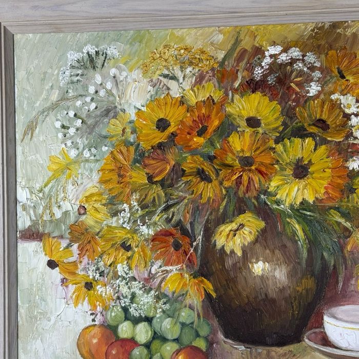 Obraz w drewnianej ramie kwiaty słoneczniki na płotnie