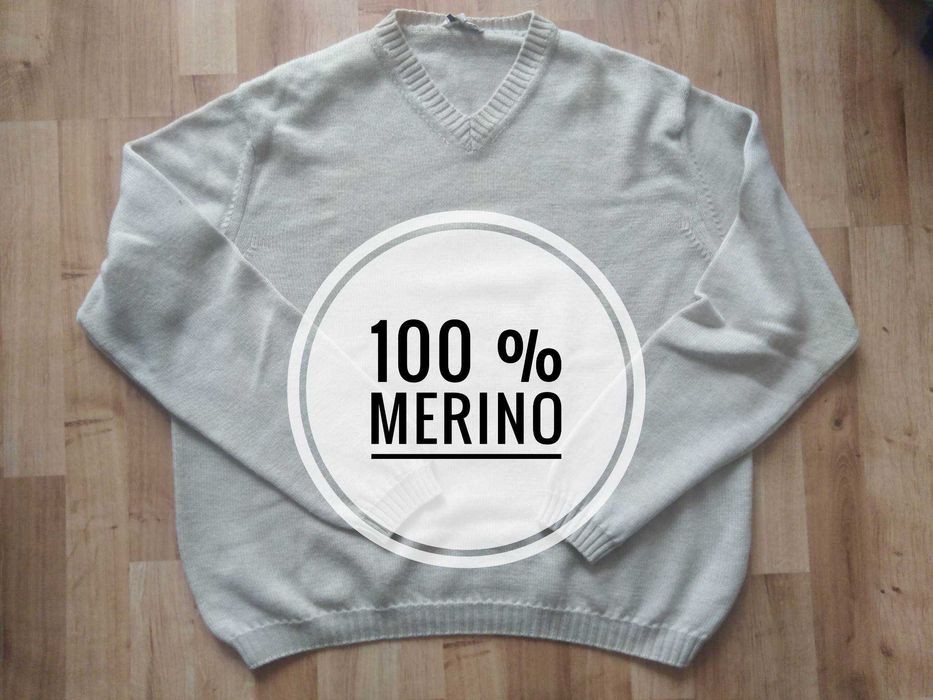 Sweter kremowy merino wool 100% beżowy ciepły damski L