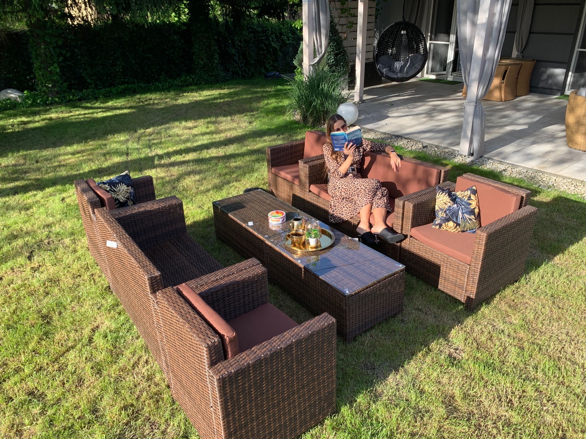 (G) Nicea XXL zestaw technorattan brąz sofa 4xfotel ława