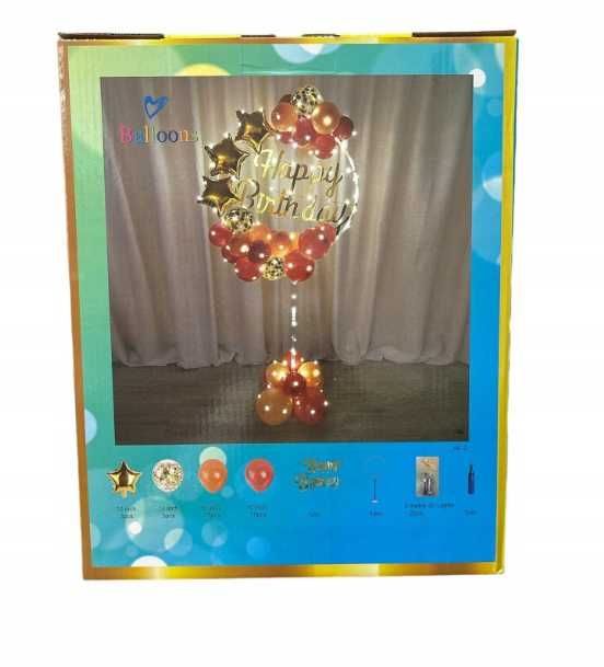 stojak na balony okrągły happy birthday balony lampki