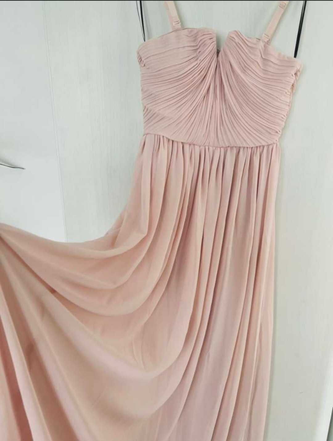 Sukienka maxi dluga pudrowy roz H&M wieczorowa na slub