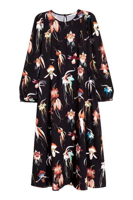 Vestido midi preto com padrão floral da H&M Tam 38