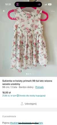 Sukienka w kwiaty primark 98 tiul lato wiosna wesele urodziny