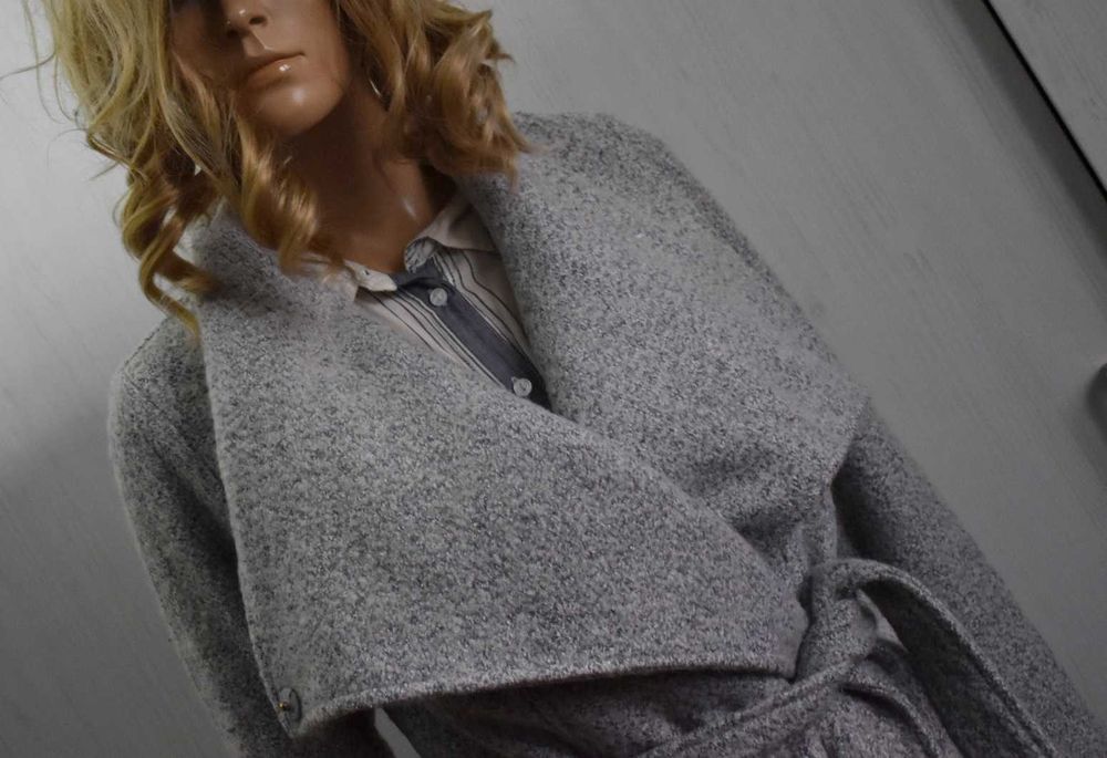 Płaszcz wełniany 34 XS szlafrokowy wiązany zimowy do kolan elegancki