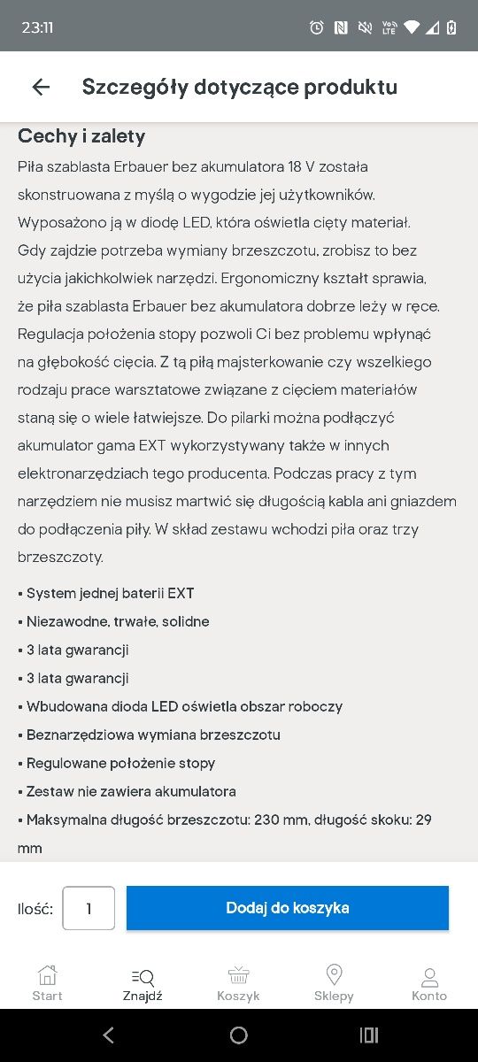 Piła szablasta erbauer nowa lisi ogon gwarancja 3 lata cięcia