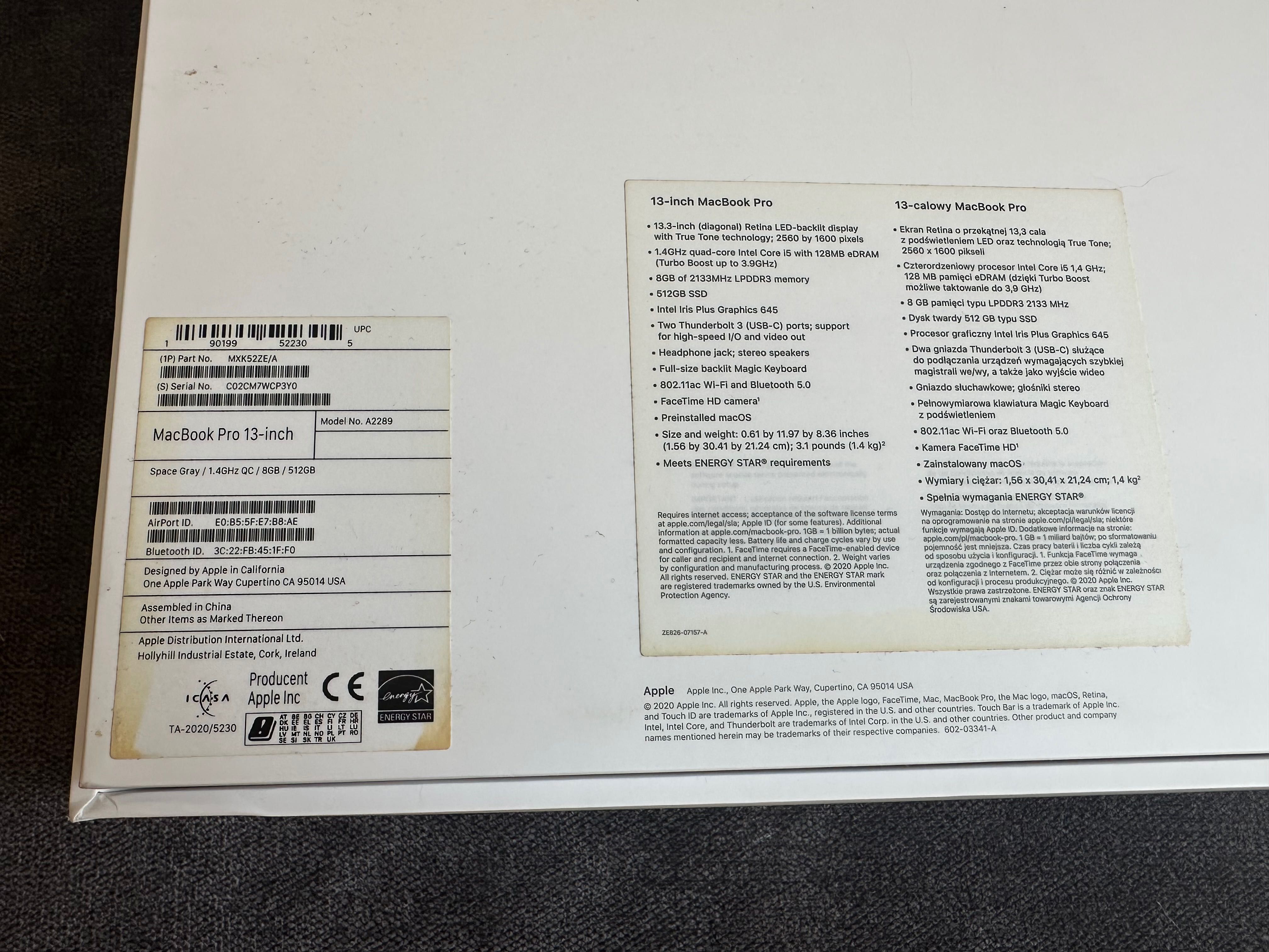 MacBook Pro 2020, 13 cali, Intel i5 1.4GHz, 8GB RAM, 512GB SSD, A2289