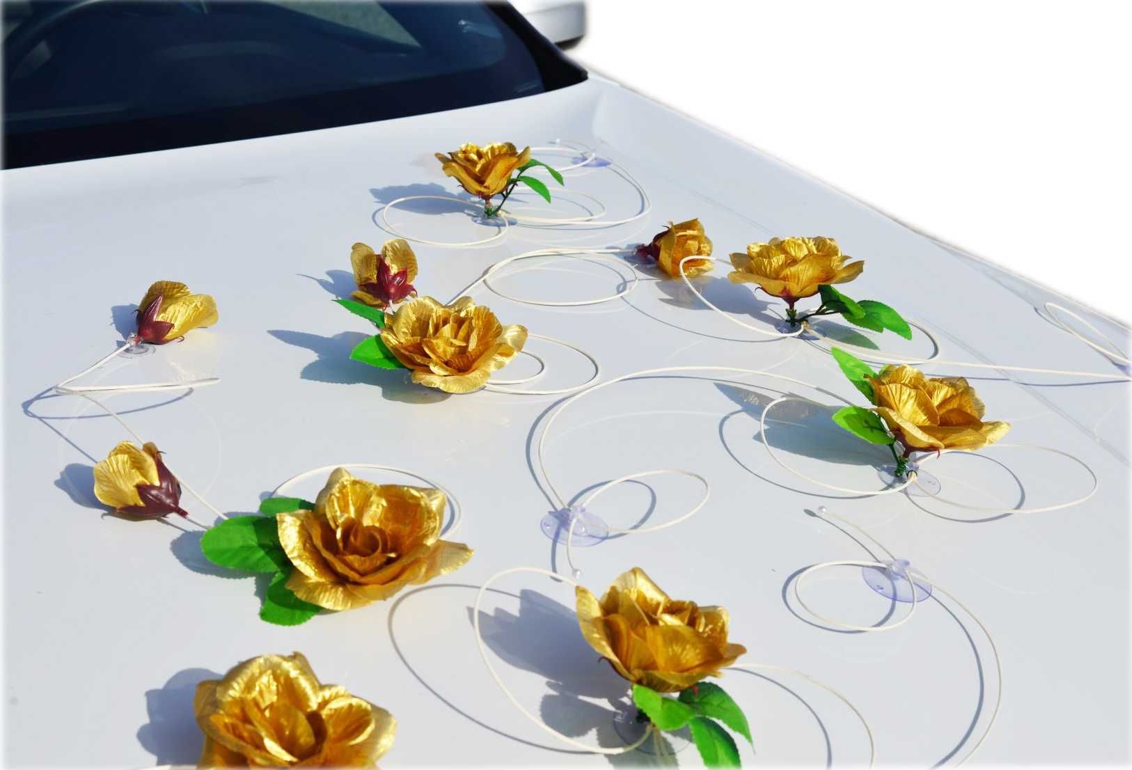 TYLKO U NAS złote róże dekoracja na samochód ślubu.Polecamy 322