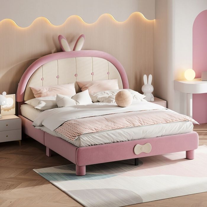 Вживане дитяче підліткове ліжко для дівчинки з м'якою оббивкою зайчик