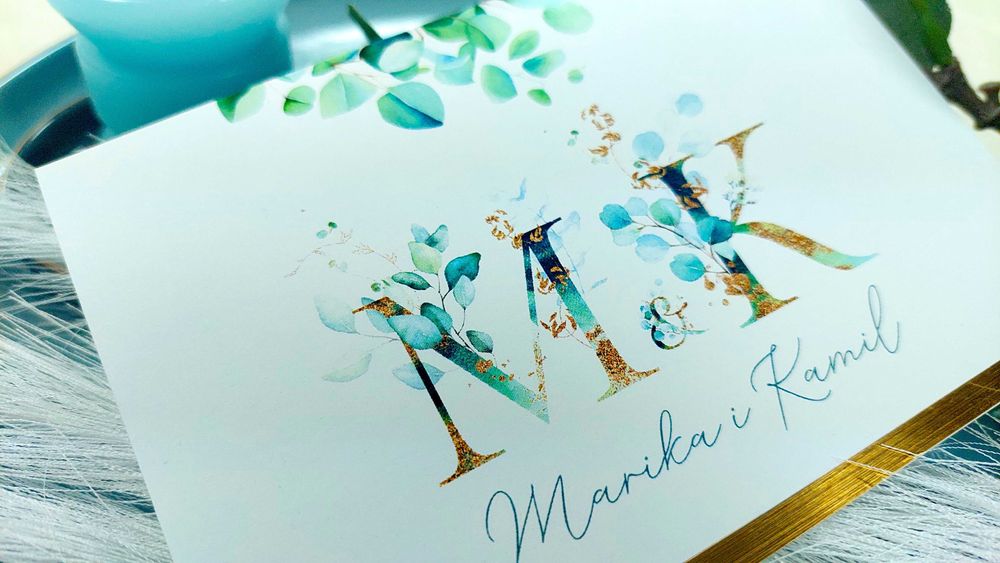 Zaproszenia Ślubne EUKALIPTUS złoty pasek GOLD zaproszenie ślub kopert