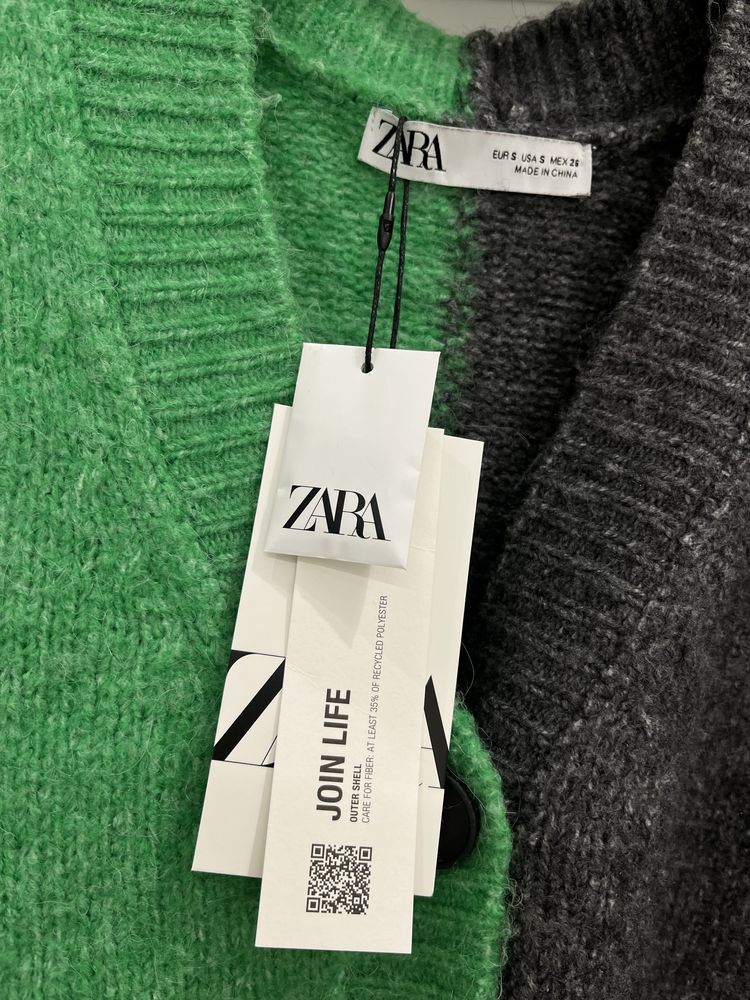 ZARA nowy oversize dwukolorowy kardigan sweter zielony szary S