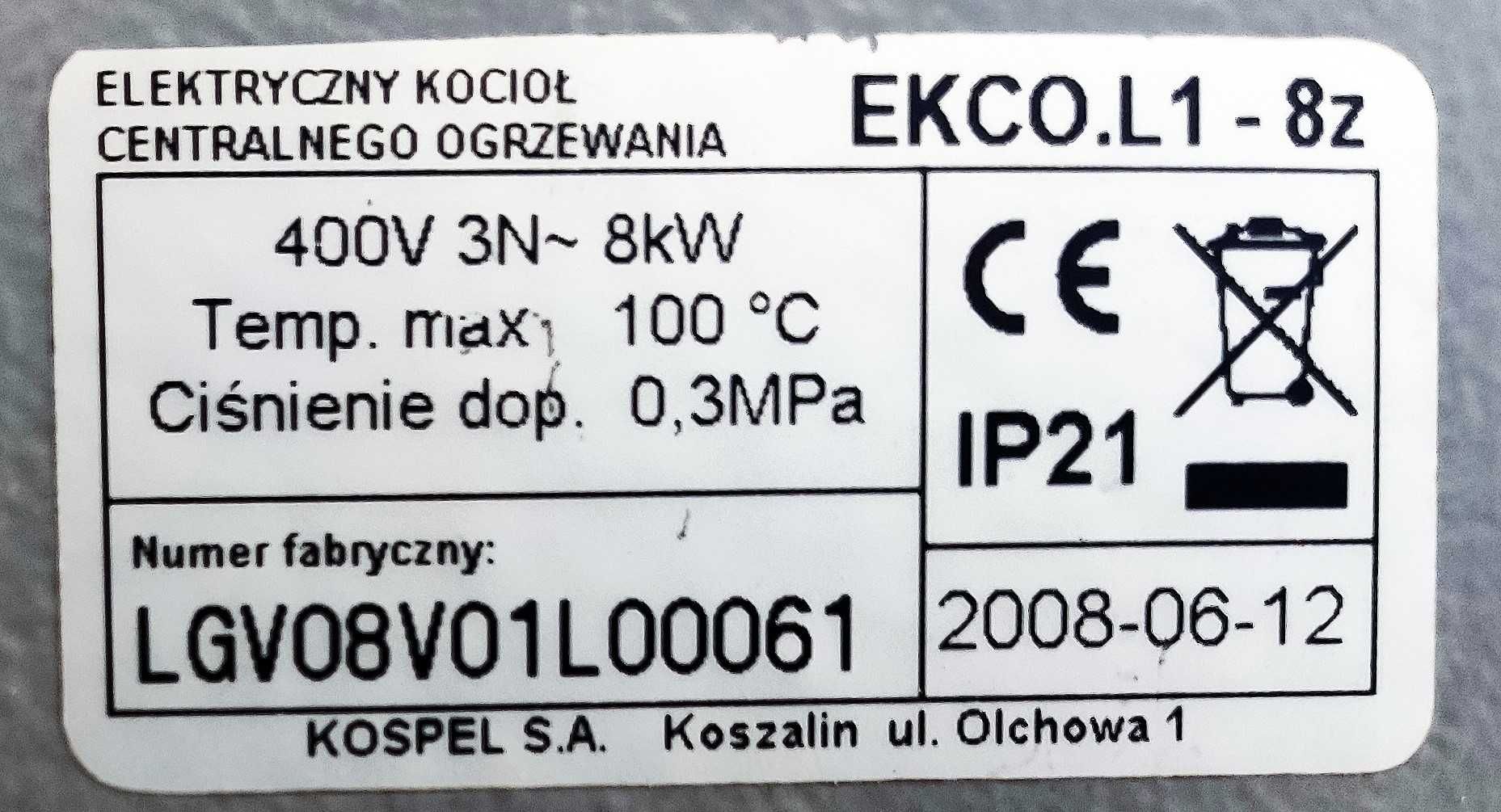 Elektryczny kocioł centralnego ogrzewania Kospel EKCO.L1-8z