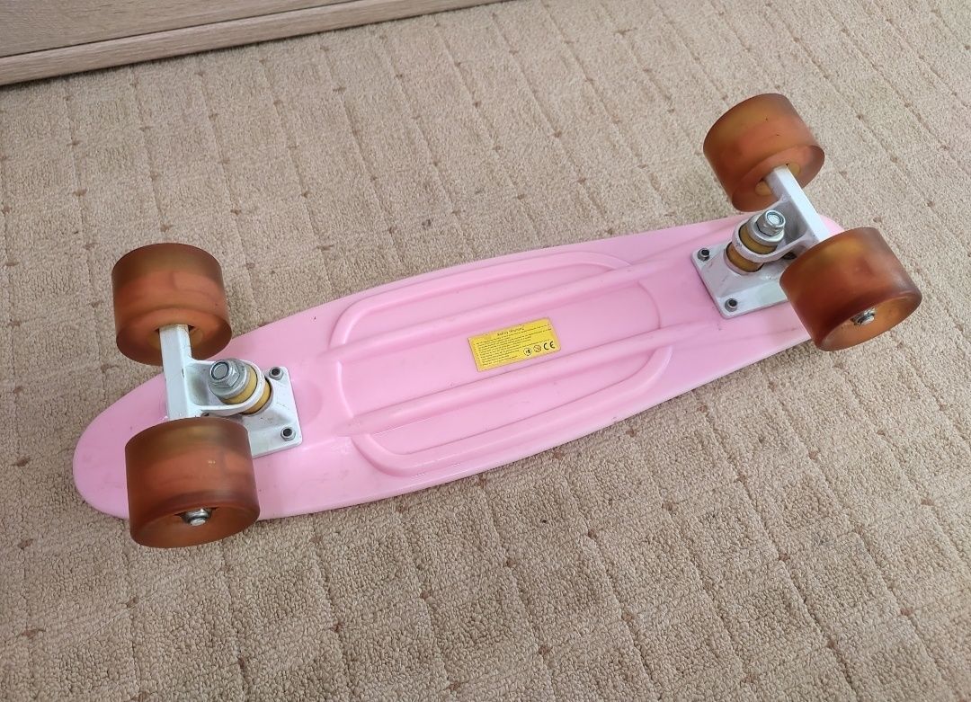 Пеніборд рожевий/ penny board pink/ скейт, сяючі колеса/різнокольорові