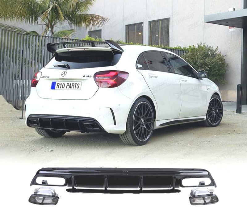 DIFUSOR TRASEIRO MERCEDES CLASE A W176 15-18 LOOK A45 AMG PRETO BRILHANTE + PONTEIRAS